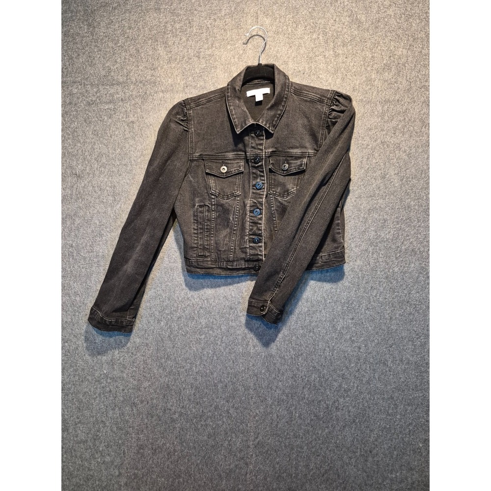 CROPPED WASHED BLACK JEAN JACKET GREAT  CONDITION Chelsea & Violet PUFF SLEEVES
